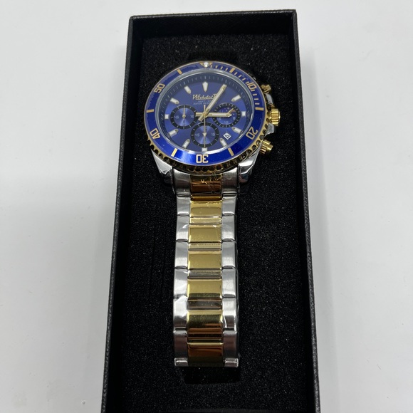Mens stainless steel Watch sport waterproof silver gold blue two tone - Picture 3 of 4